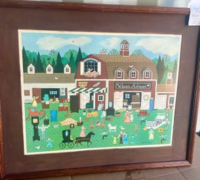 C2OS7 Folk Art Print Depicting Town With Antique Shop And Contents Everywhere, 24'x29'