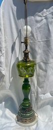Table Lamp With Green Glass Decorated Pillar And Font With White Decoration, 32' Ht