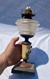Victorian Oil Lamp Base With Frosted Glass Font, Pillar With Enamel Decorated And Slate Base