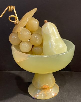 Vintage Green Alabaster, Onyx , Marble Carved Fruit Grapes & Pear On Pedestal