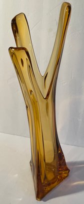 Vintage MCM Viking Epic 3 Foil Triangle Splayed Amber 17' Glass Swung Vase