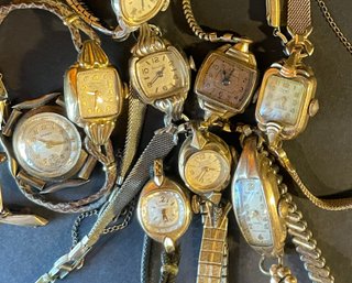 Lot Of 9 Vintage Ladies Watches - Gruen, Elgin, Bulova, Banner, Stowa Hamilton  All W/ Rolled Gold. See!