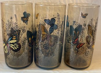 Vintage Anchor Hocking Smoked Butterfly Meadow Garden Tumbler Set Of 3 - 6' See
