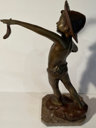 Vintage Giovanni DeMartino (1870-1935) Bronze Statue - 'Boy Holding Fish' - Large 18 Inches Tall