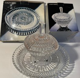 Vintage Bohemia Oxford Czech Crystal Platter And Lidded Candy Bowl With Boxes