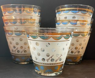 Set Of 7 MCM Georges Briard Low Ball Cocktail Glasses -signed- Polka Dot Frosted W/22k Gold Accents