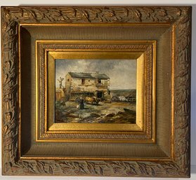 Antique Oil On Panel Farmhouse Painting - Framed, Signed