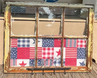 Six Pane Vintage Window Wall Hanger Patriotic With Decorative Hooks