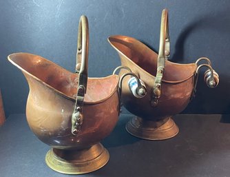 Pair Of  2 Vintage Holland Scuttle Buckets Faces On Side Copper Fireplace Decor W/ Porcelain Handles