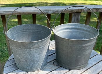 Pair Of Vintage Galvanized Steel Medium Size Buckets - Nice Condition - 10' Diameter, 9' Tall