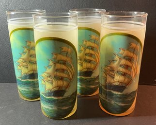 Set Of 4 Mid Century MCM Rubberized Coating Highball Clipper Ship Glasses 6' Scarce Find