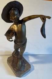 Vintage Giovanni DeMartino (1870-1935) Bronze Statue - 'Boy Holding Fish' - Large 18 Inches Tall