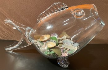 Mid Century Blenko Style Art Glass Hand Blown Clear Fish Vase Bowl Terrarium W/ Shells Beach Glass- 20' Length