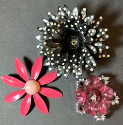 3 Flower Power Style Vintage Estate Brooches / Pins