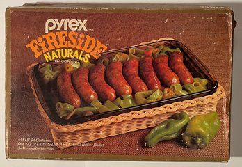 Vintage Pyrex Fireside Naturals Set, 2320-F 2 Qt Dish & Rattan Basket Open Box Complete