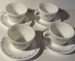 Pyrex / Corelle Morning Blue Matching 8 Piece Set- 4 Saucers, 4 Teacups