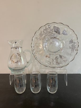 25th Anniversary Glass And Silver Inlay Platter, Pitcher And Glasses