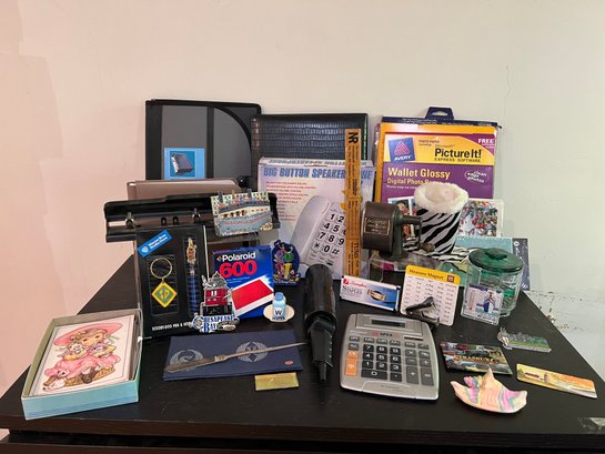Office Lot: Vintage Note Cards, Polaroid Film, Boston Pencil Sharpener, Big Button Speaker Phone  & Much More