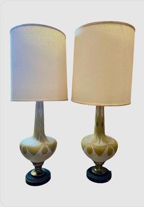 2- Mid Century Yellow And Gold Ceramic Lamps