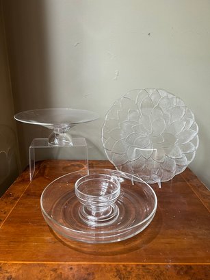 Glass Pedestal Cake Stand, Glass Chip & Dip Set, And Leaf Platter