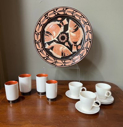 Fish Platter, Orange And White Asian Cups And White Tea Cups/saucers