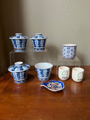 4 Japanese Tea Cups, Floral Tea Strainer, 2 Saki Cups And Blue/white Mini Planter