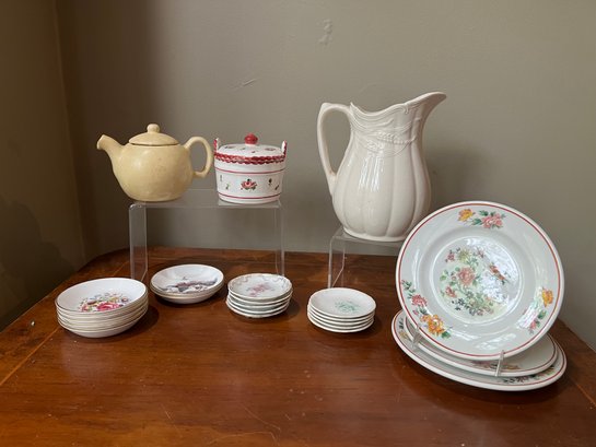 Tea Pots, Pitchers, Lidded Bowl, And Porcelain Coasters