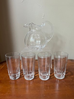 Glass Ruffle Pitcher And 4 Glasses