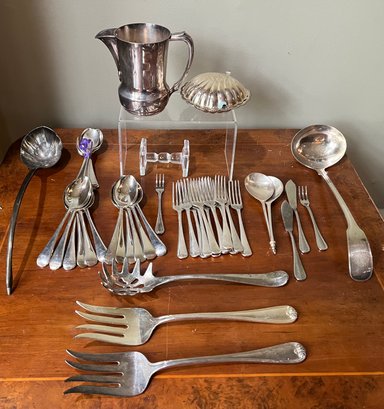 Silver Plate Pitcher, Shell Covered Dish, Serving Utensils And Flatware