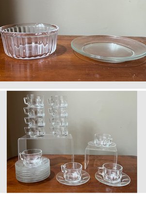 French Glass Espresso Set, Small Serving Bowl And 2 Plates