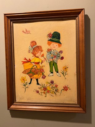 Unsigned Painting Children Picking Flowers