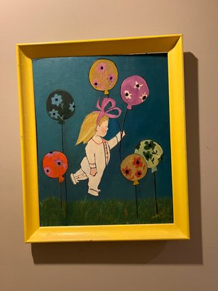 Girl With Balloons Painting Signed Shirley Rout