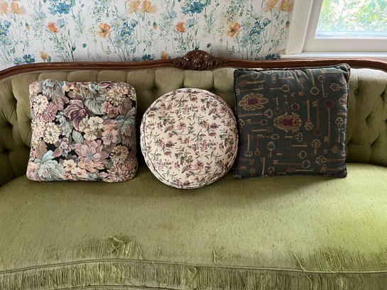 2 Floral Throw Pillows And One With Old Keys