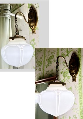 2-Milk Glass And Brass Hanging