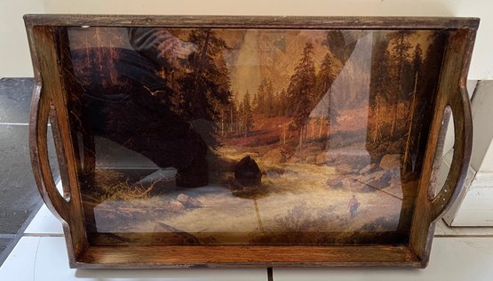 Wood Tray With Fisher Man Walking Through The Woods Scene