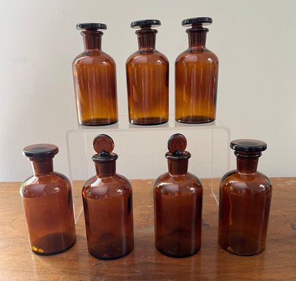 7-Vintage Brown Glass Apothecary Pharmacy Bottles