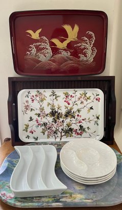 Trays: Lacquerware, Villeroy And Bach, Wood, Basic Porcelana And 4 California Pottery Divided Dishes