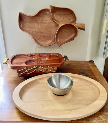 Vintage Mid-Century KAROFF Fold-Out Expanding Wood Serving Tray, Hoffritz Tray With Dipping Bowl, & Leaf Tray