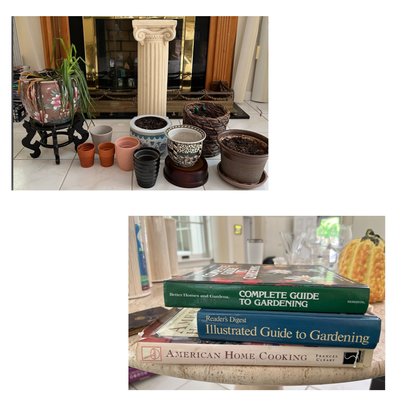 Gardening Books, 3 Pedestal, 10 Planters/pots & Aloe Plant That Needs Some TLC