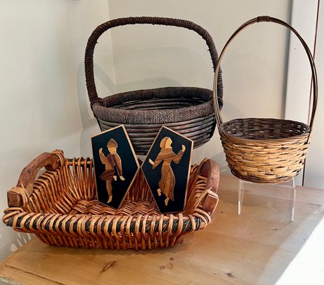 3 Baskets And 2 Wood Wall Hangings