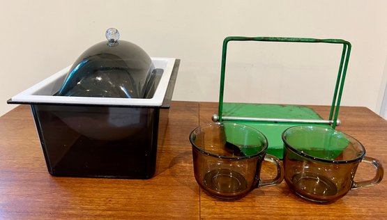 Retro Covered Dish, Metal Vintage Napkin Holder, And 2 Glass Mid Century Tea Cups