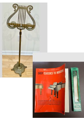 Brass Music Stand With Music Sheets, Irish Tin Whistle And Piano Music Book