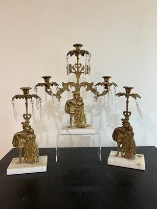 Antique Ornate Figural Gold Girandole Candelabra Renaissance Design Marble Base