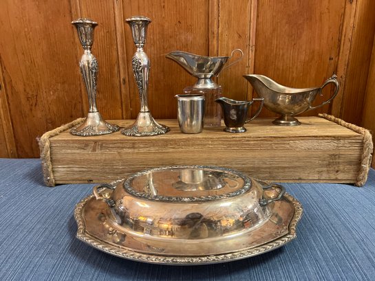 Silverplate: Candle Sticks: Baroque By Wallace, Gravy Boats, Creamers And Casserole Dish