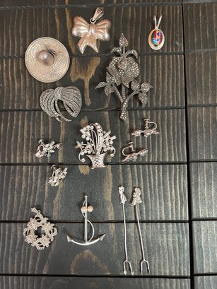 Sterling Silver Lot: Pins: Marcasite, Earrings, And More