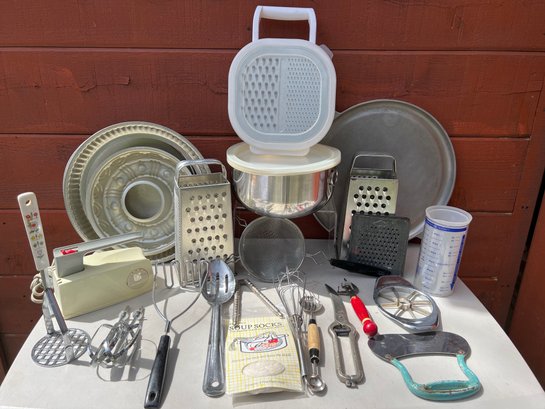 Vintage Kitchen Items: Utensils, Cheese Grinder, Cake Pans, Dormeyer Mixer And More
