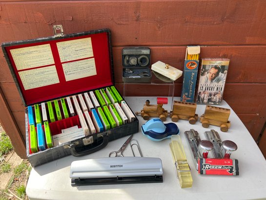Vintage Office Supplies And Cassette Tape Holder: Train Pencil Holder, Label Maker, 12 Angry Men VHS, And More
