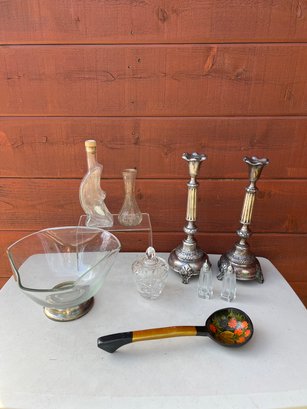 Candle Sticks, Ruffle Bowl, Cut Glass Sugar, Glass Moon Decanter, Bud Vase And Russian Painted Serving Spoon