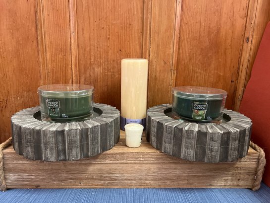 2 Wood Candle Holders, 2-yankee Candles, Pier One Candle And Yankee Small Candle