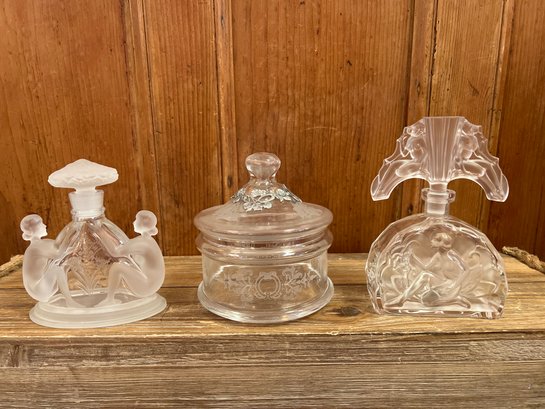 Desna Czech Bohemia Clear Art Glass Perfume Bottle, Flower Inlay Glads Candy Jar With Lid & Art Deco Perfume